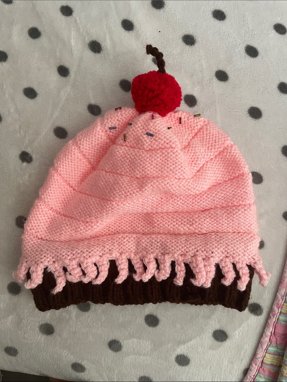Womens Pink Cupcake Knit Hat with Cherry Pom